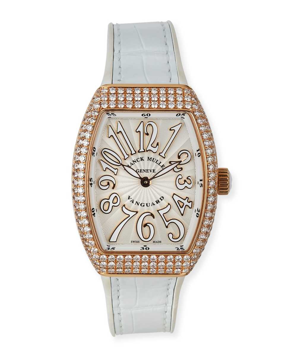 Lady Vanguard 32mm 18k Rose Gold Diamond-Bezel Watch w/ Alligator Strap, White